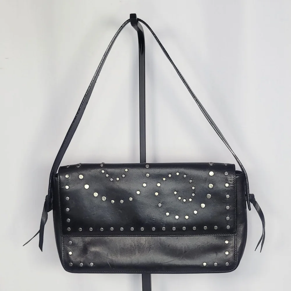 BCBG Max Azria Studded Leather Shoulder Bag Black Studded Flap Purse Y2K Style - Picture 1 of 11